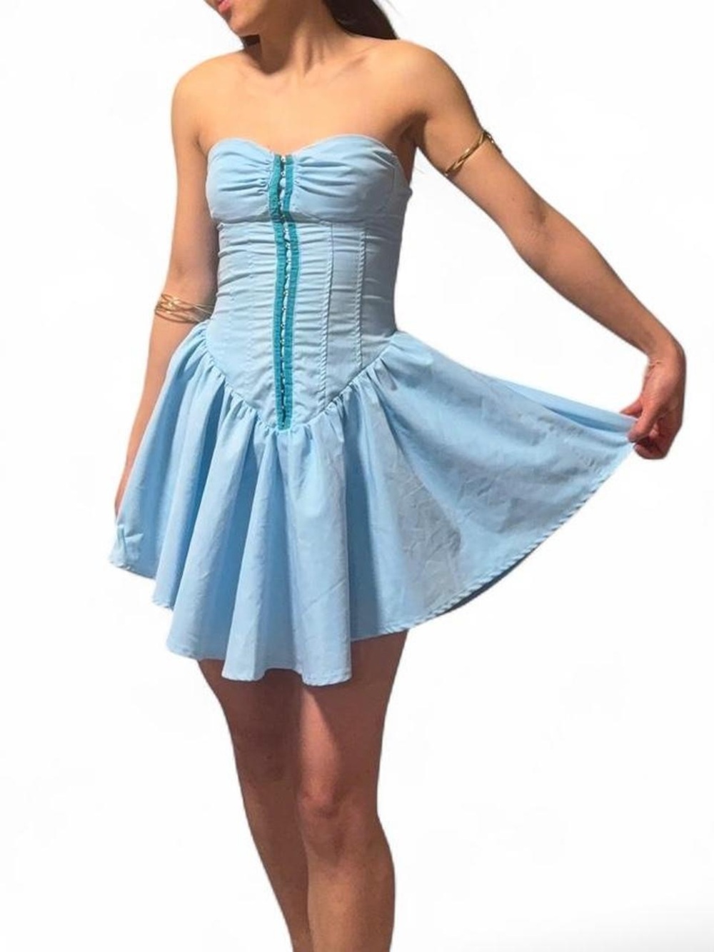 SHEIN Light Blue Strapless Corset Skater Dress with Teal Trim